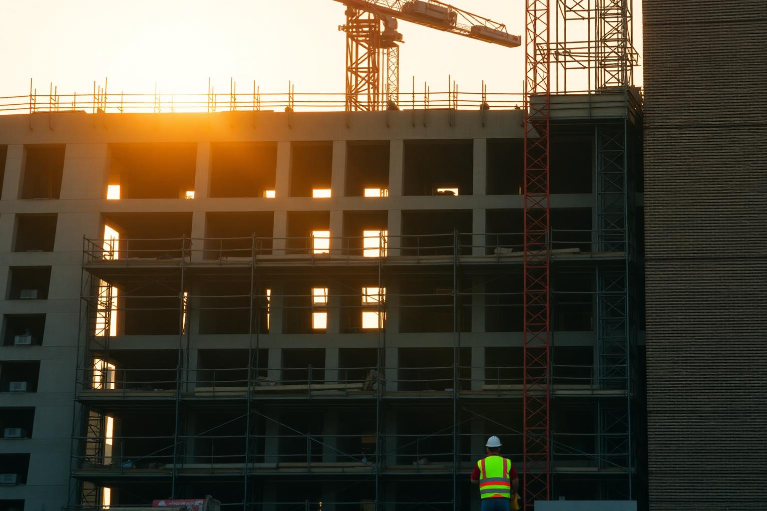 Construction site at golden hour with scaffolding, cranes and a worker in hi-vis vest